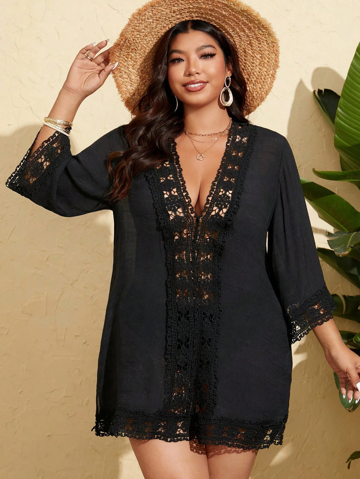 Swim Lushoire Plus Size Women Lace Patchwork Deep V-Neck Casual Beach Cover Up For Summer Beach Vacation