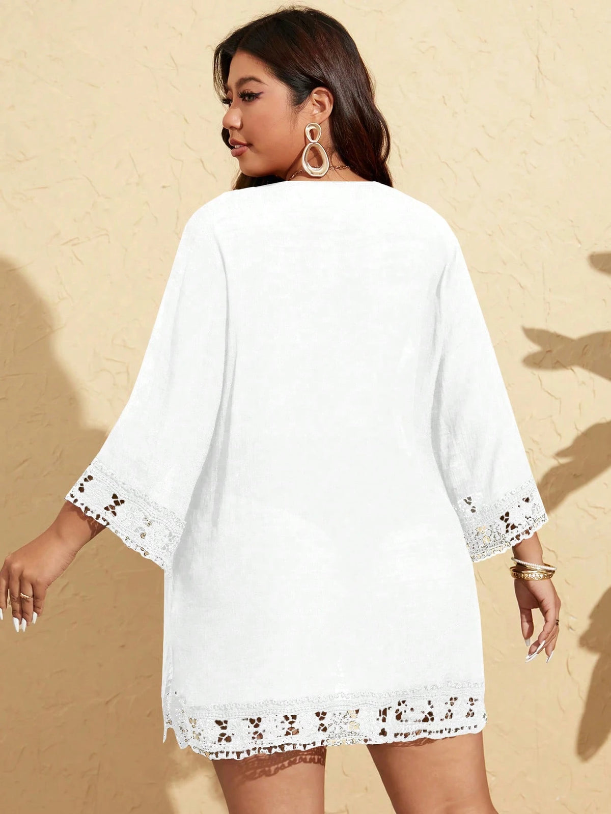 Swim Lushoire Plus Size Women Lace Patchwork Deep V-Neck Casual Beach Cover Up For Summer Beach Vacation