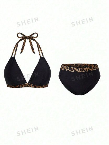 Swim Lushoire Plus Size Women Neck Print Halter Bikini Set, Casual Vacation Animal Print Bikini Leopard Bikini Curve Bikini Set For Summer