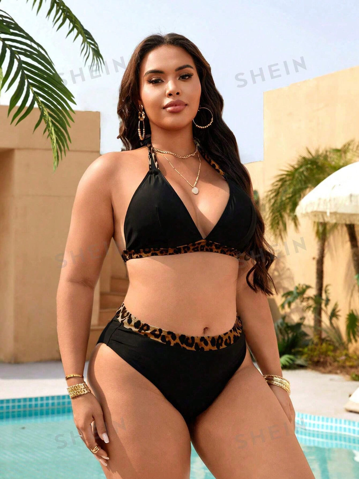 Swim Lushoire Plus Size Women Neck Print Halter Bikini Set, Casual Vacation Animal Print Bikini Leopard Bikini Curve Bikini Set For Summer