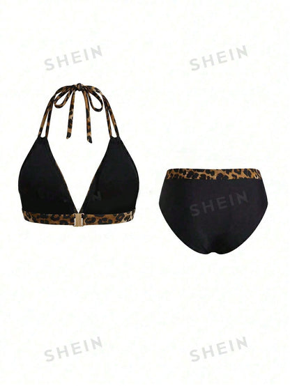 Swim Lushoire Plus Size Women Neck Print Halter Bikini Set, Casual Vacation Animal Print Bikini Leopard Bikini Curve Bikini Set For Summer