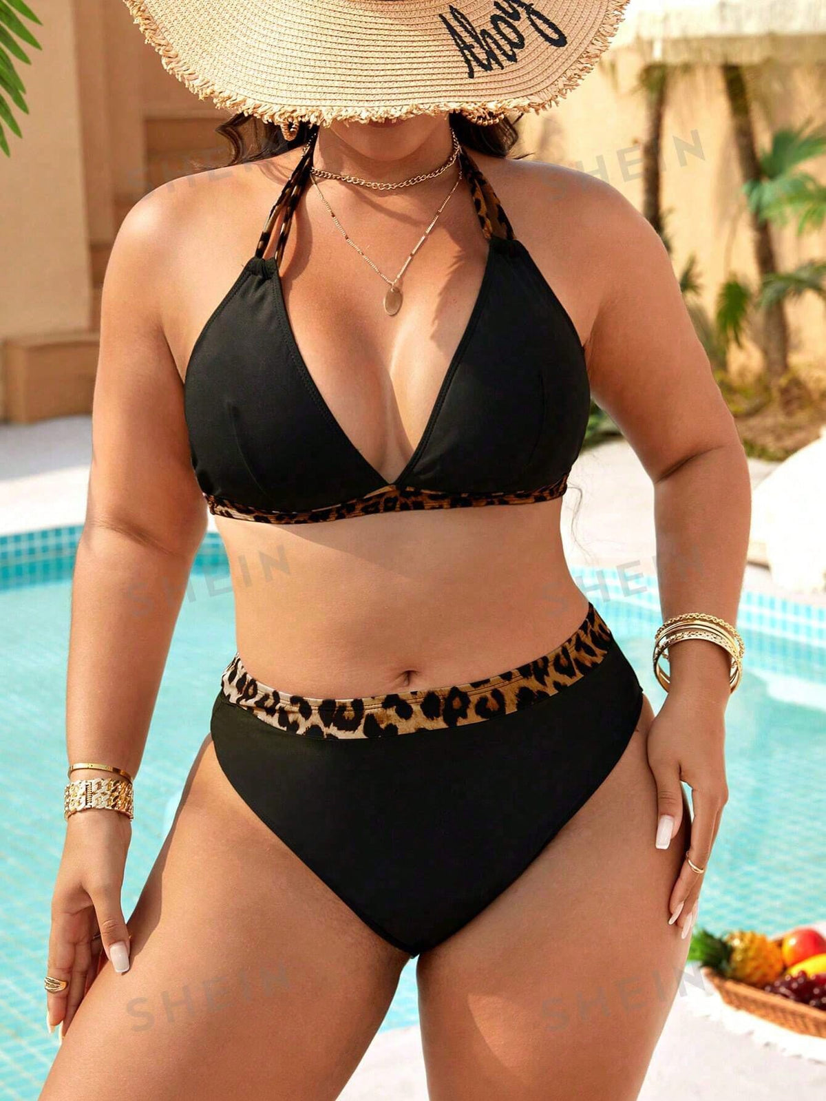 Swim Lushoire Plus Size Women Neck Print Halter Bikini Set, Casual Vacation Animal Print Bikini Leopard Bikini Curve Bikini Set For Summer