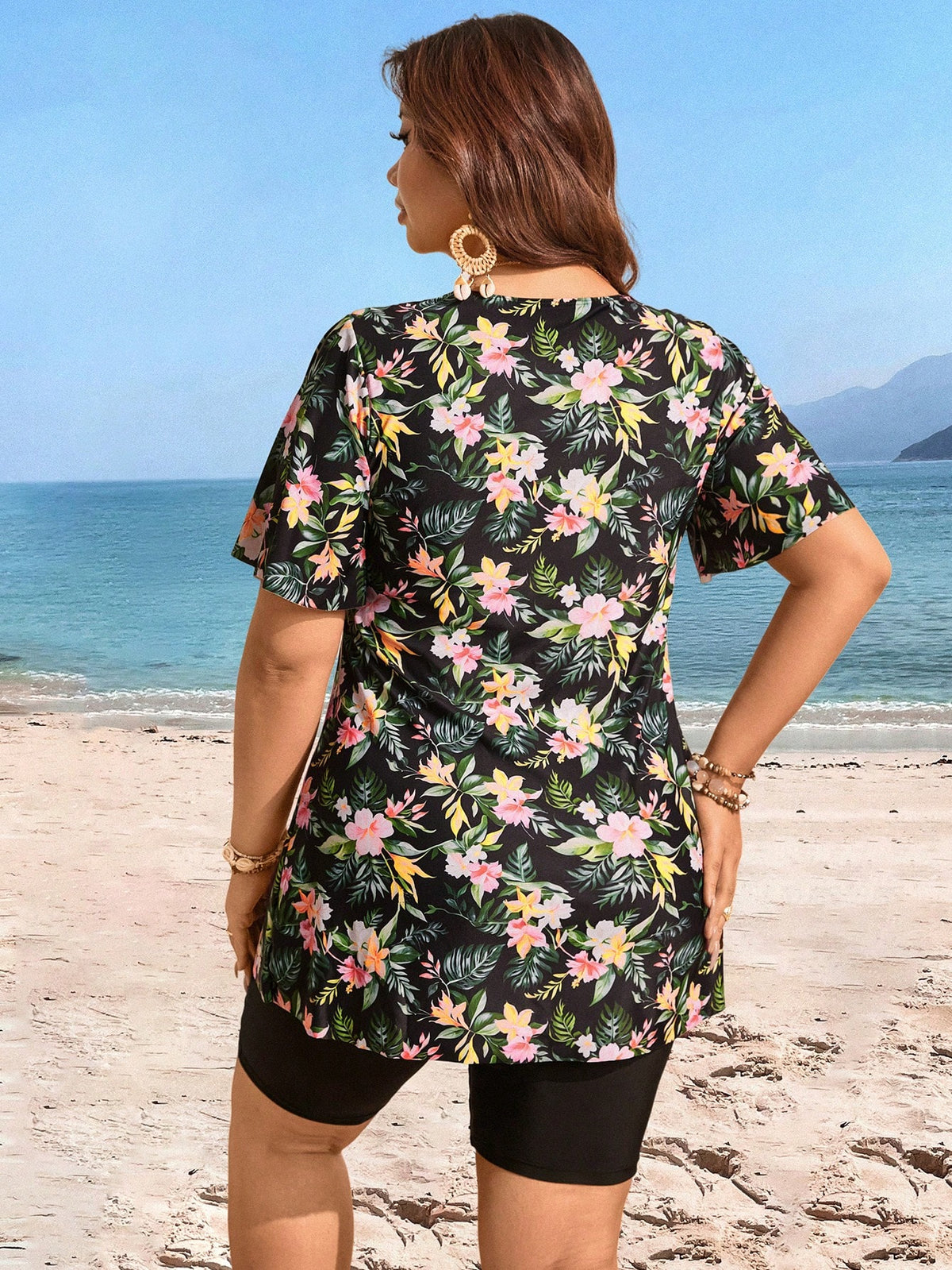 Swim Lushoire Plus Size Women Random Floral Print 2pcs Tankini Set Summer