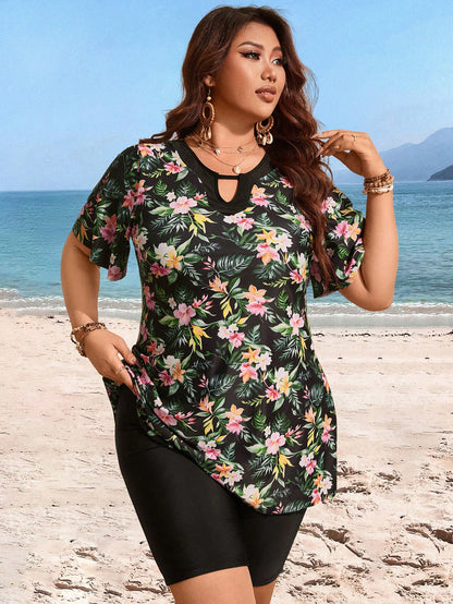 Swim Lushoire Plus Size Women Random Floral Print 2pcs Tankini Set Summer