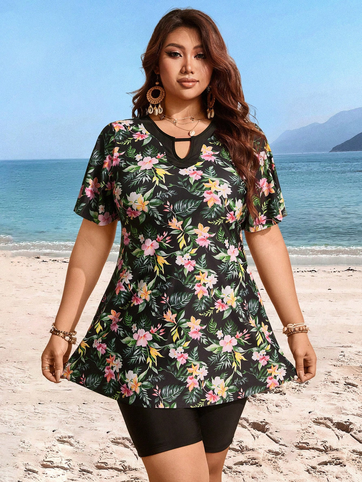 Swim Lushoire Plus Size Women Random Floral Print 2pcs Tankini Set Summer