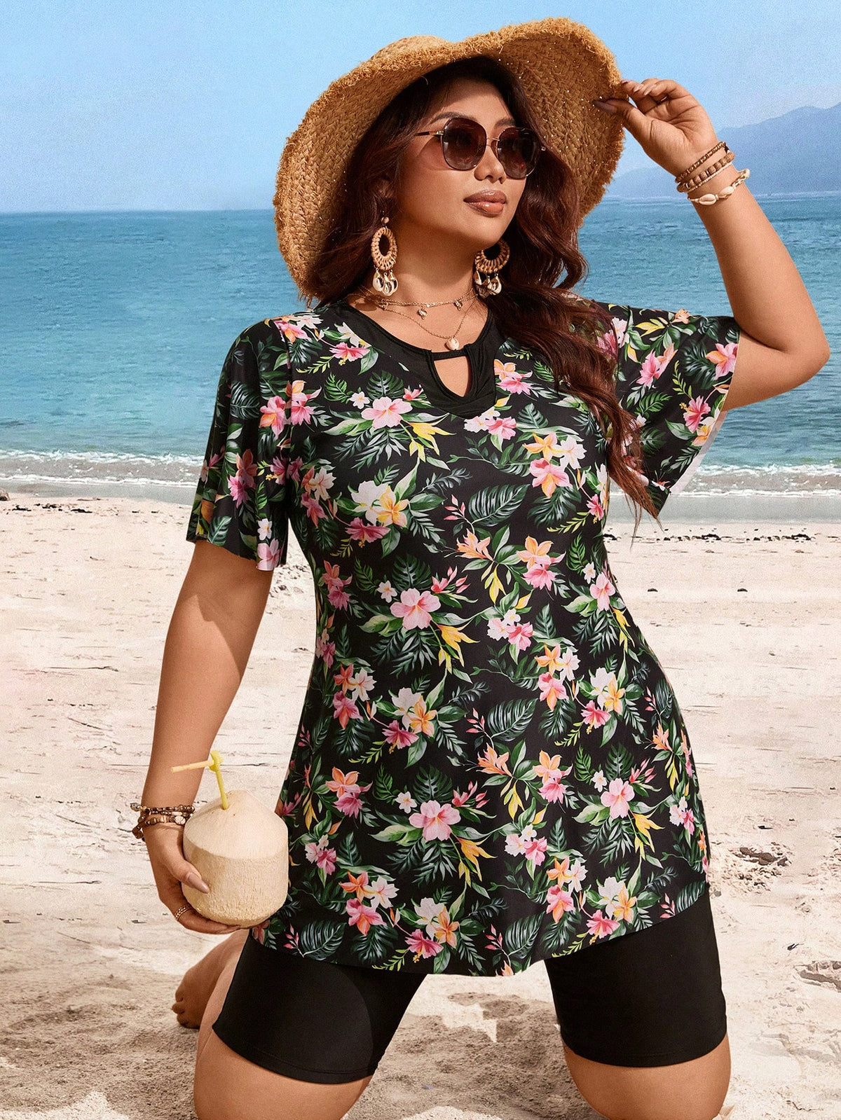 Swim Lushoire Plus Size Women Random Floral Print 2pcs Tankini Set Summer