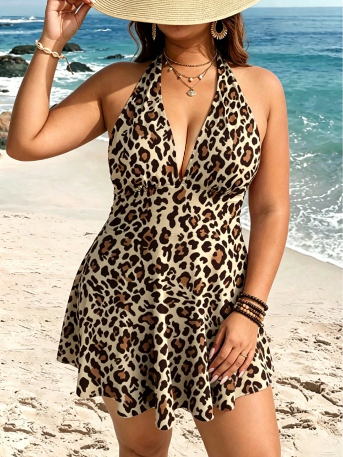 Swim Lushoire Plus Size Women's 2-Piece Striped Print Waist Pleated Halter Tankini Swimsuit, Mature Minimalist Casual Resort Swimwear