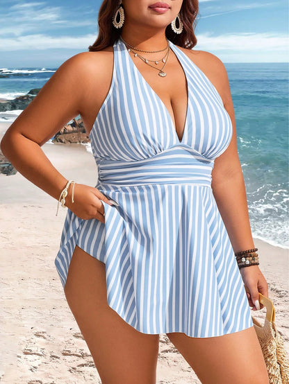 Swim Lushoire Plus Size Women's 2-Piece Striped Print Waist Pleated Halter Tankini Swimsuit, Mature Minimalist Casual Resort Swimwear