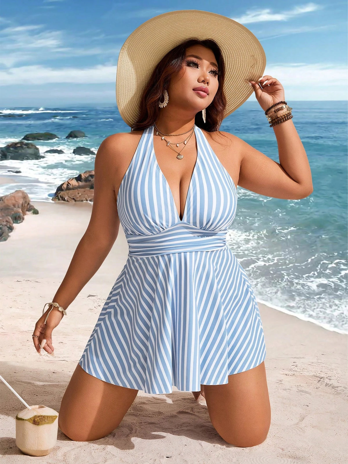 Swim Lushoire Plus Size Women's 2-Piece Striped Print Waist Pleated Halter Tankini Swimsuit, Mature Minimalist Casual Resort Swimwear