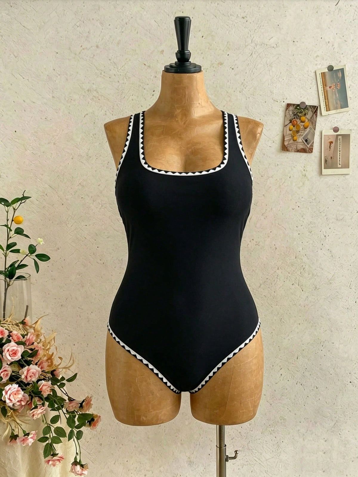 Swim Lushoire Plus Size Women's Black One-Piece Swimsuit,Ruffled Square Neck Elegant Ladies Swimwear,Summer Classy Vacation Holiday Beach Outfit,Resort Wear
