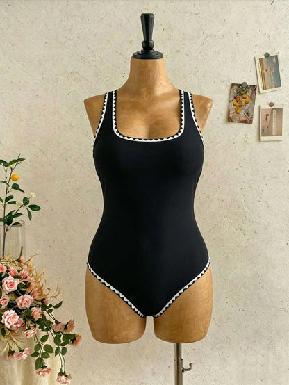 Swim Lushoire Plus Size Women's Black One-Piece Swimsuit,Ruffled Square Neck Elegant Ladies Swimwear,Summer Classy Vacation Holiday Beach Outfit,Resort Wear