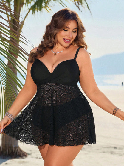 Swim Lushoire Plus Size Women's Black Splicing Elegant Beach Vacation Padded Bikini Set, Spring/Summer