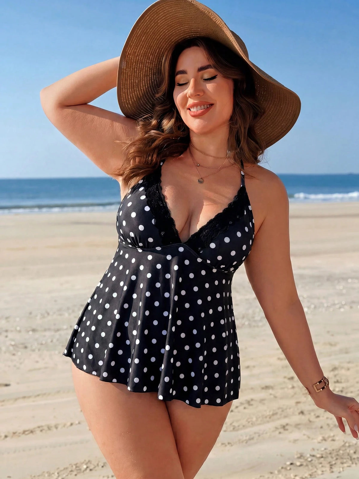 Swim Lushoire Plus Size Women's Fashionable Polka Dot Print Tankini Set