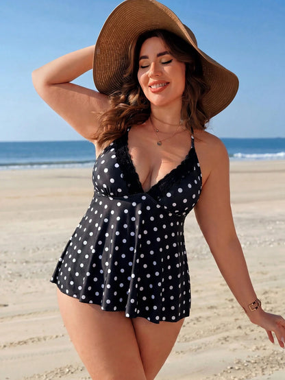 Swim Lushoire Plus Size Women's Fashionable Polka Dot Print Tankini Set