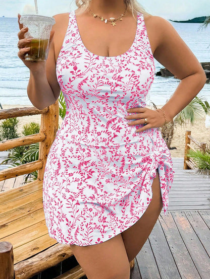 Swim Lushoire Plus Size Women's Leaf Print Adjustable Strap Round Neck One-Piece Swimsuit,Elegant White Summer Bachelorette Party Beach Holiday Triangle Bottoms