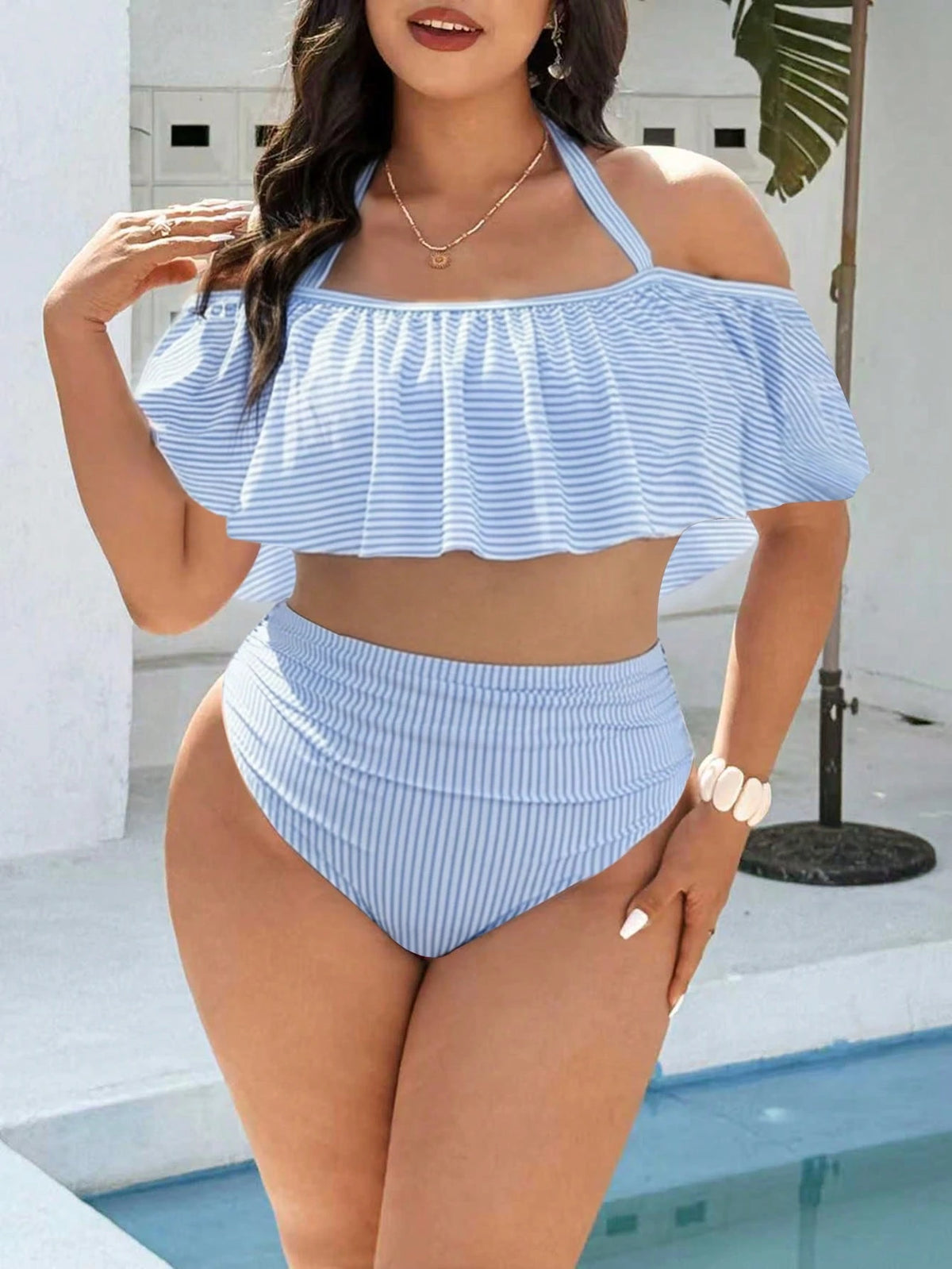 Swim Lushoire Plus Size Women's Mature Minimalist Beach Vacation Random Print Blue & White Striped Halter Neck Tie Ruffle Two Pieces Swimsuit