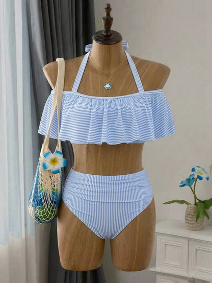 Swim Lushoire Plus Size Women's Mature Minimalist Beach Vacation Random Print Blue & White Striped Halter Neck Tie Ruffle Two Pieces Swimsuit