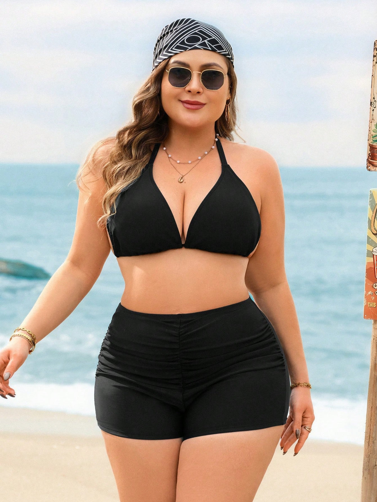 Swim Lushoire Plus Size Women's Ruched Slimming Black Beach Swim Shorts, Suitable For Summer Beach