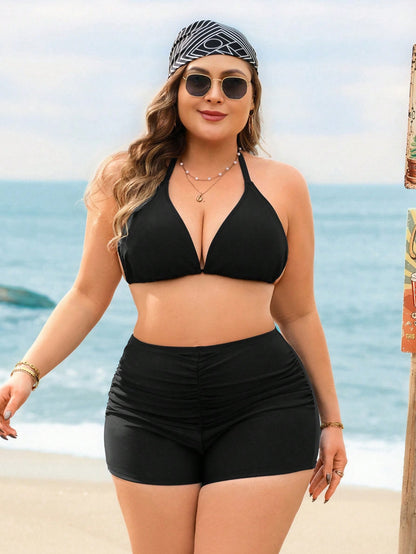 Swim Lushoire Plus Size Women's Ruched Slimming Black Beach Swim Shorts, Suitable For Summer Beach