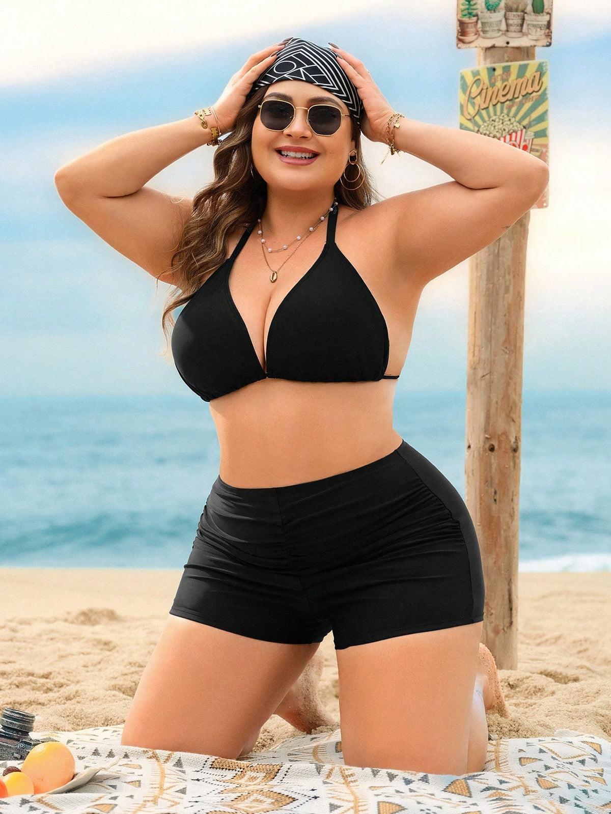 Swim Lushoire Plus Size Women's Ruched Slimming Black Beach Swim Shorts, Suitable For Summer Beach