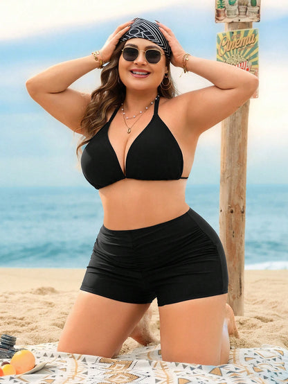 Swim Lushoire Plus Size Women's Ruched Slimming Black Beach Swim Shorts, Suitable For Summer Beach
