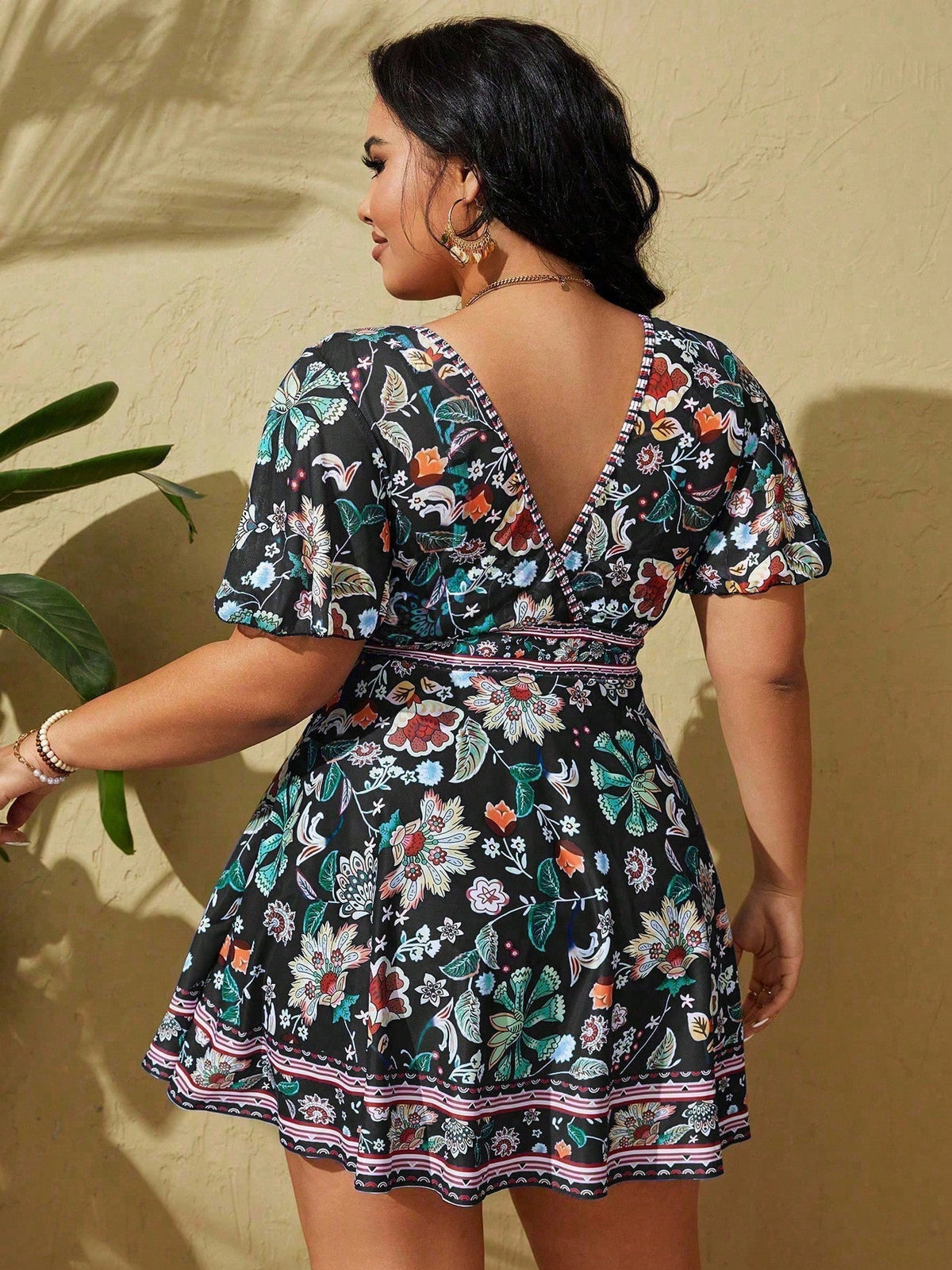 Swim Lushoire Plus Size Women's Tropical Plant Printed V-Neck Short Puff Sleeve Casual Tankini Swimwear,Summer Beach