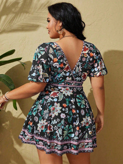 Swim Lushoire Plus Size Women's Tropical Plant Printed V-Neck Short Puff Sleeve Casual Tankini Swimwear,Summer Beach