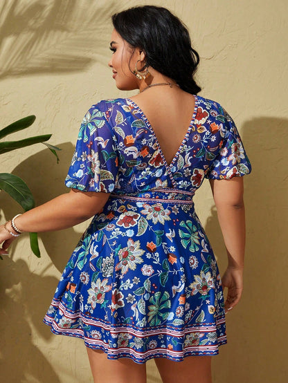 Swim Lushoire Plus Size Women's Tropical Plant Printed V-Neck Short Puff Sleeve Casual Tankini Swimwear,Summer Beach