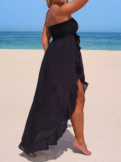 Swim Lushoire Plus Size Women's Vacation Sun Protection Split Hem Ruffle Bandeau Dress