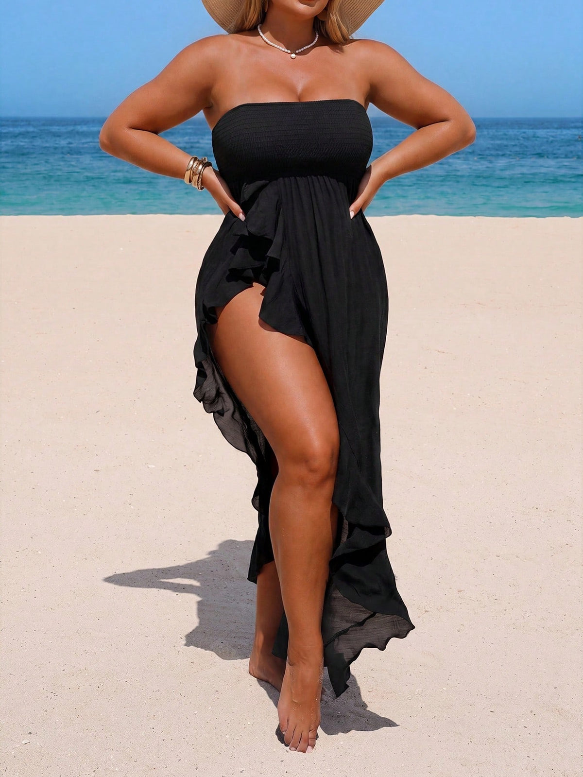 Swim Lushoire Plus Size Women's Vacation Sun Protection Split Hem Ruffle Bandeau Dress