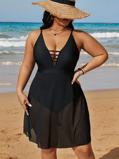 Swim Lushoire Summer Beach Plus Size Solid Color One-Piece Swimsuit