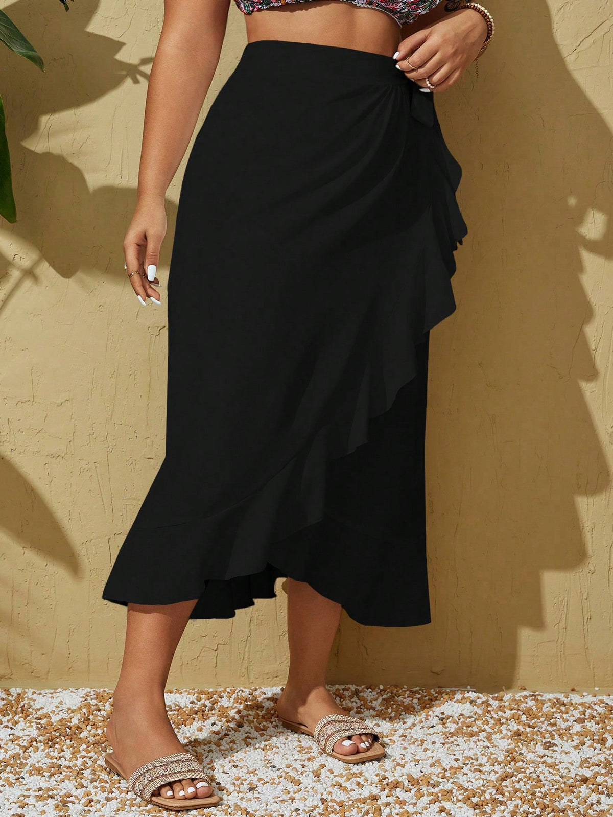 Swim Lushoire Summer Beach Plus Size Tie-Knot Side, Ruffle Trim Cover Up Dress Music Festival