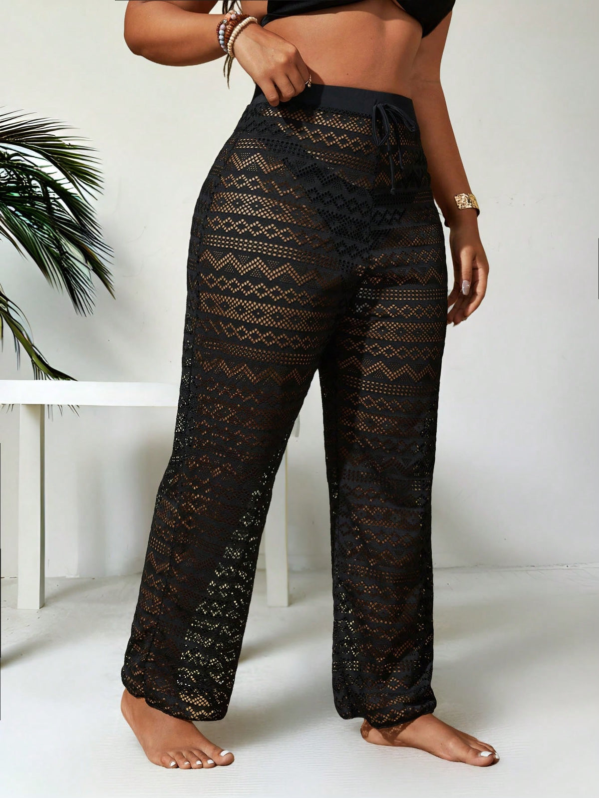 Swim Lushoire Summer Beach Plus Size Women Holiday Plain Hollow Out Sheer Long Cover-Up Pants