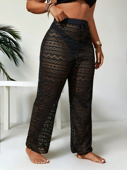 Swim Lushoire Summer Beach Plus Size Women Holiday Plain Hollow Out Sheer Long Cover-Up Pants