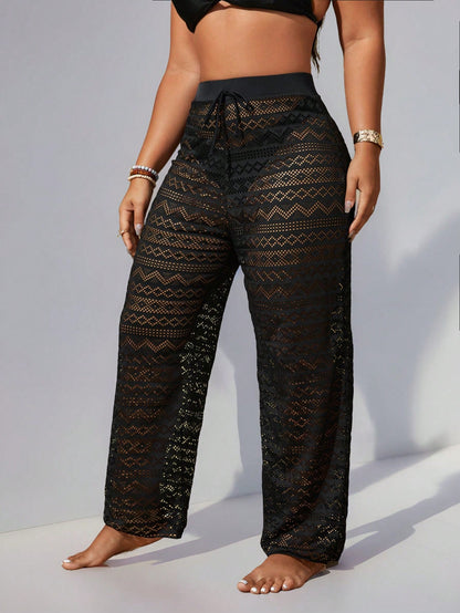 Swim Lushoire Summer Beach Plus Size Women Holiday Plain Hollow Out Sheer Long Cover-Up Pants