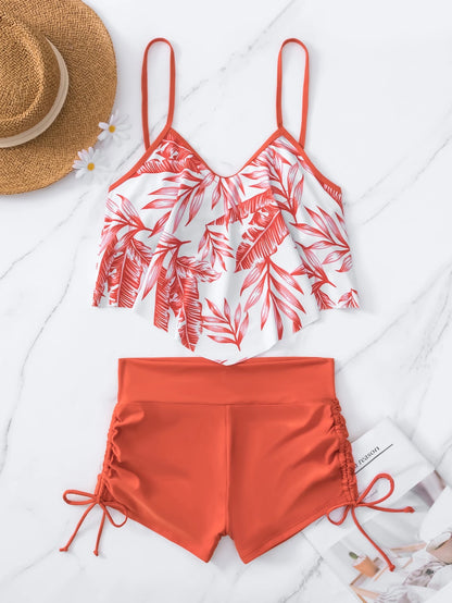 Swim Lushoire Summer Beach Random Tropical Print Tankini Set Hanky Hem Cami Top & Drawstring Boxer Shorts 2 Pieces Swimwear