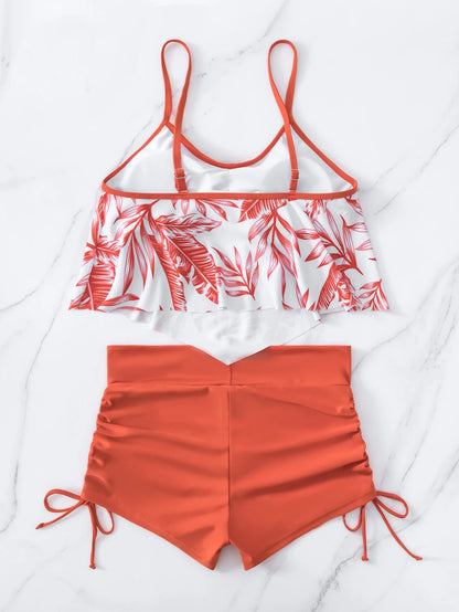 Swim Lushoire Summer Beach Random Tropical Print Tankini Set Hanky Hem Cami Top & Drawstring Boxer Shorts 2 Pieces Swimwear