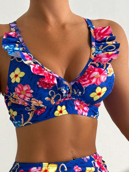 Swim Lushoire Summer Beach Tropical Print Ruffle Trim Bikini Set