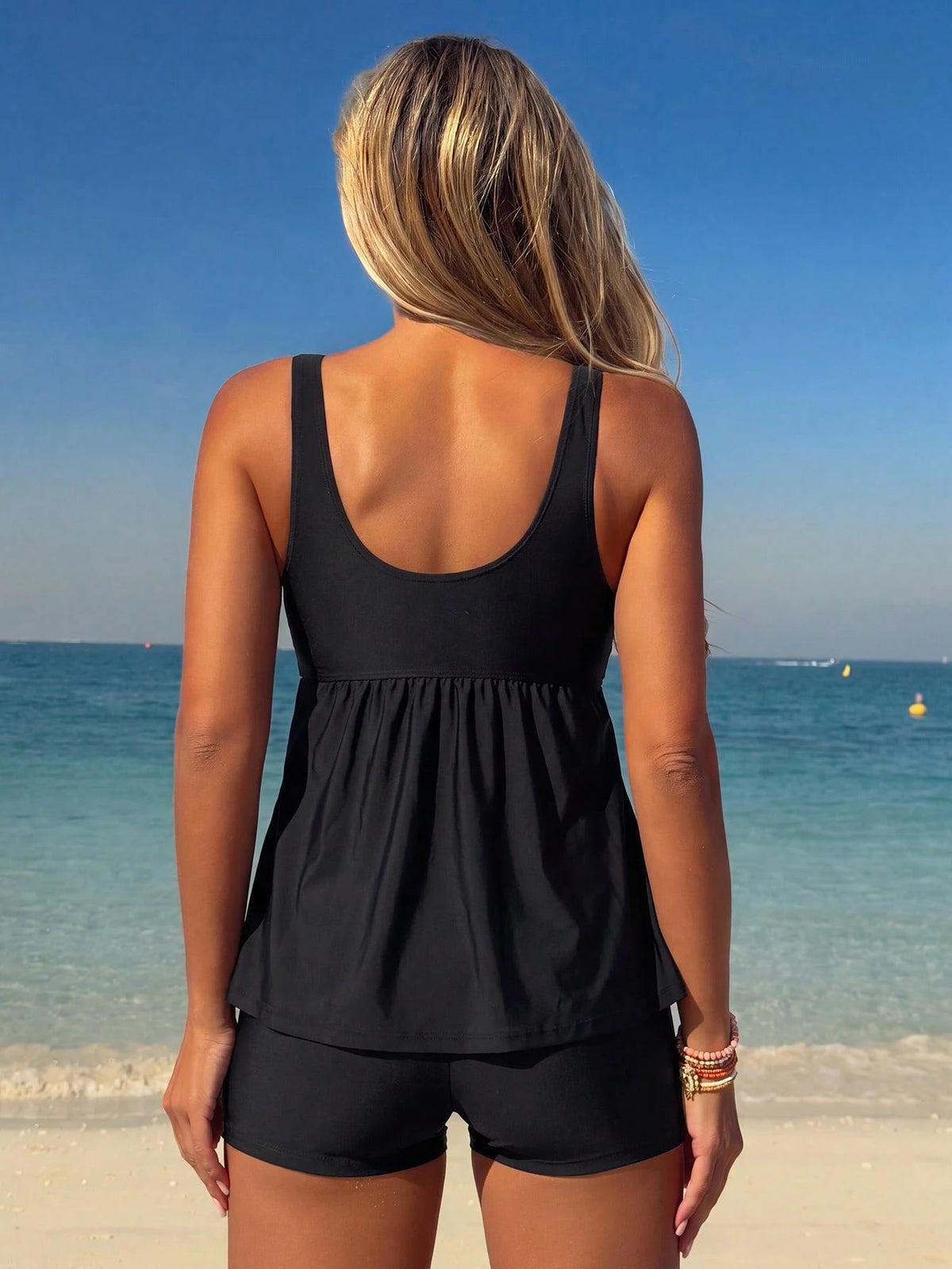 Swim Lushoire Women's 2-Piece Black Solid Mid-Waist Swim Bottoms Tankini Set, Summer Beach Vacation Minimalist Conservative Modest Casual Everyday Separates