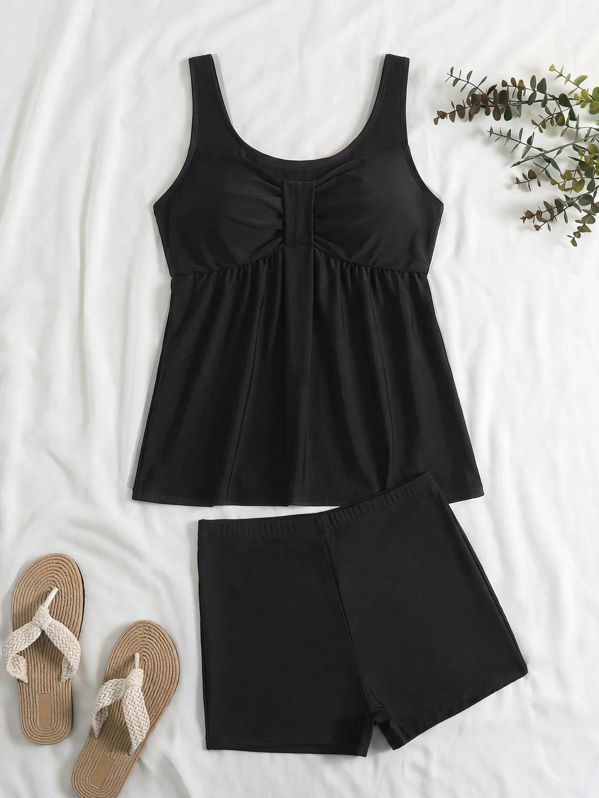Swim Lushoire Women's 2-Piece Black Solid Mid-Waist Swim Bottoms Tankini Set, Summer Beach Vacation Minimalist Conservative Modest Casual Everyday Separates