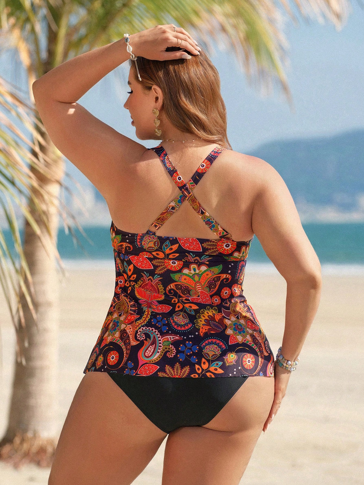 Swim Lushoire Women's Black Paisley Boho Printed One-Piece Swimwear,Tummy Control High-Waisted Summer Beach Holiday Plus Size Tankini Full Coverage