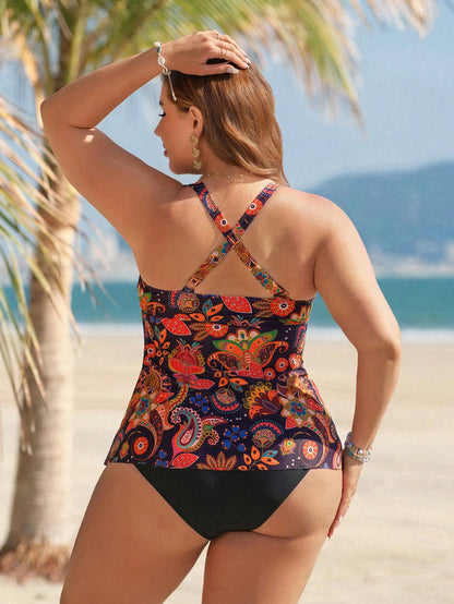 Swim Lushoire Women's Black Paisley Boho Printed One-Piece Swimwear,Tummy Control High-Waisted Summer Beach Holiday Plus Size Tankini Full Coverage