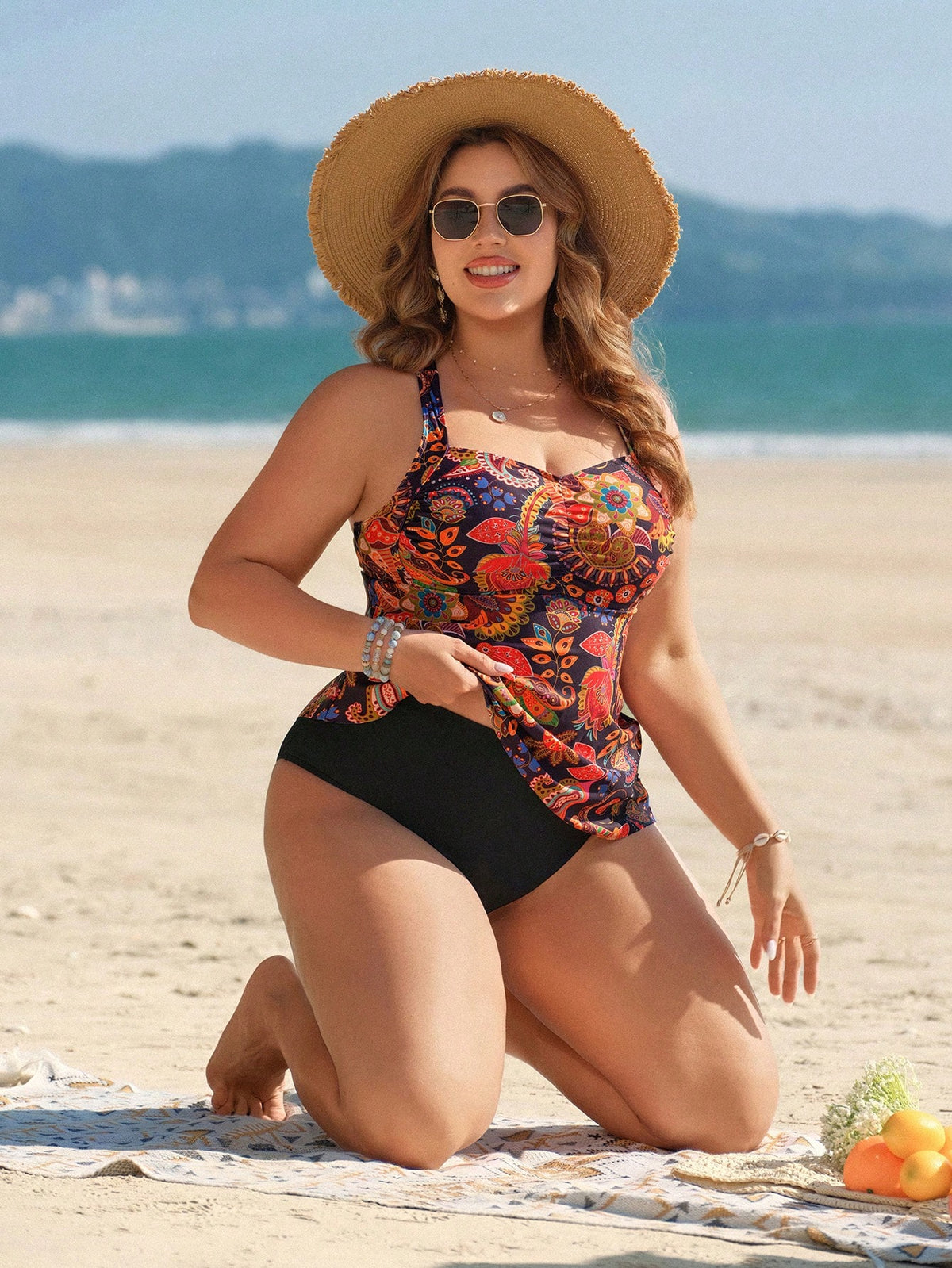 Swim Lushoire Women's Black Paisley Boho Printed One-Piece Swimwear,Tummy Control High-Waisted Summer Beach Holiday Plus Size Tankini Full Coverage