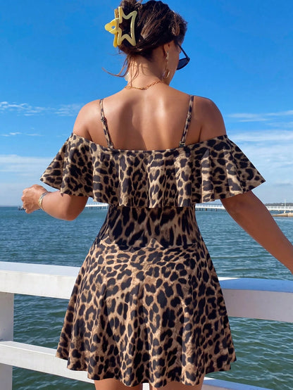 Swim Lushoire Women's Sexy Leopard Print Ruffle Off-Shoulder One-Piece Swim Dress For Summer Beach Vacation