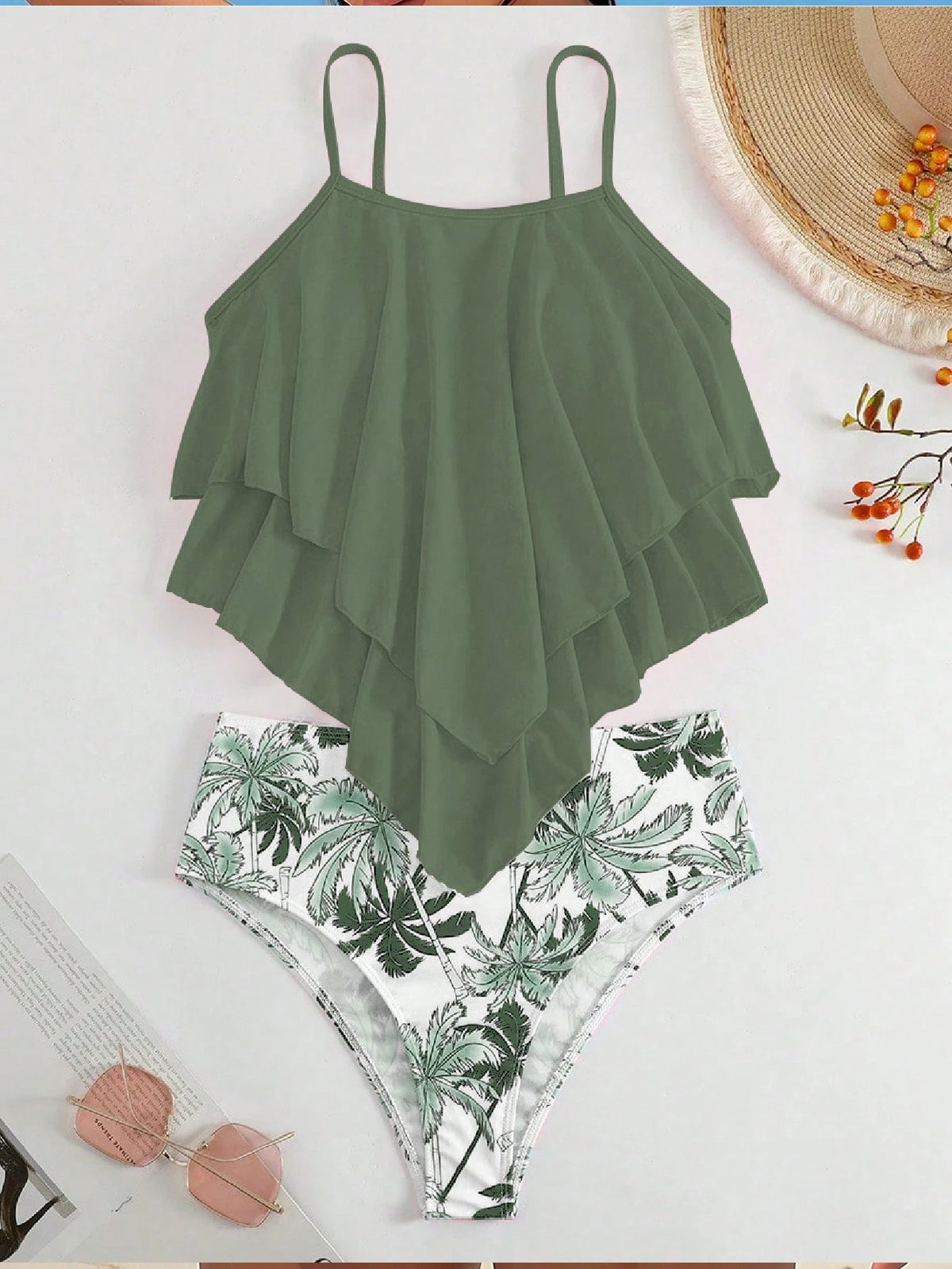 Swim Lushoire Women's Solid Color Ruffle Trim Tankini Top And Triangle Tankini Bottom Swimwear Set, Suitable For Summer Vacation And Beach