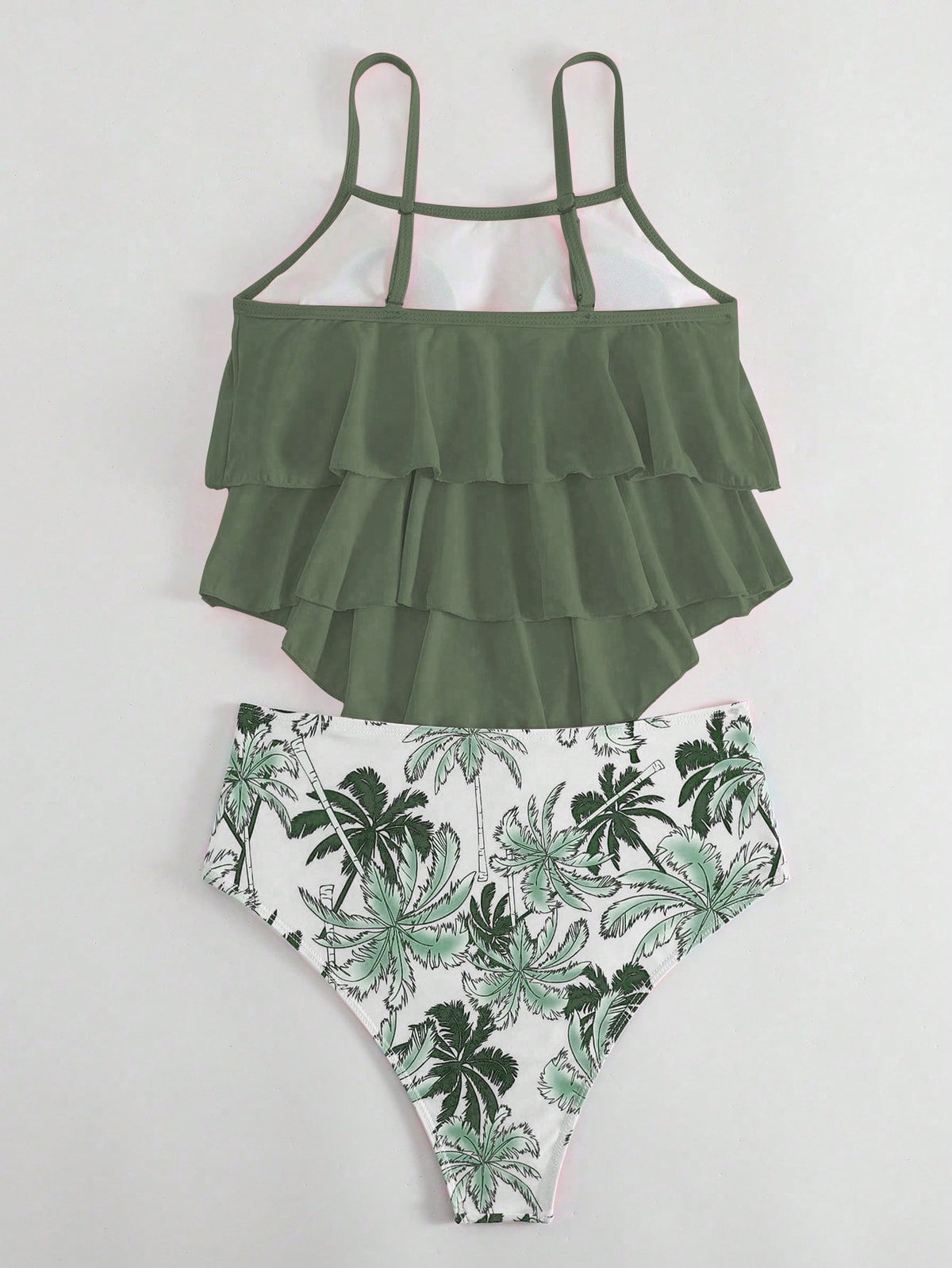 Swim Lushoire Women's Solid Color Ruffle Trim Tankini Top And Triangle Tankini Bottom Swimwear Set, Suitable For Summer Vacation And Beach