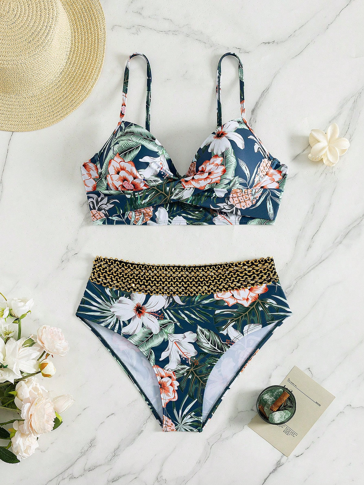Swim Lushoire Women's Summer Beach Floral Print Halter Neck Tie Sexy Bikini And Triangle Bottoms Two-Piece Swimsuit Set