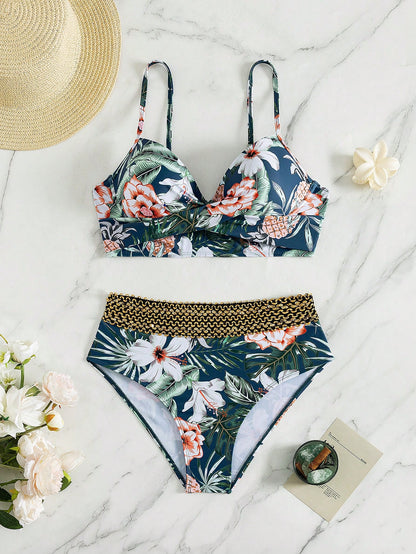 Swim Lushoire Women's Summer Beach Floral Print Halter Neck Tie Sexy Bikini And Triangle Bottoms Two-Piece Swimsuit Set