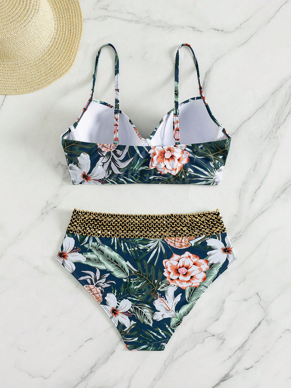 Swim Lushoire Women's Summer Beach Floral Print Halter Neck Tie Sexy Bikini And Triangle Bottoms Two-Piece Swimsuit Set