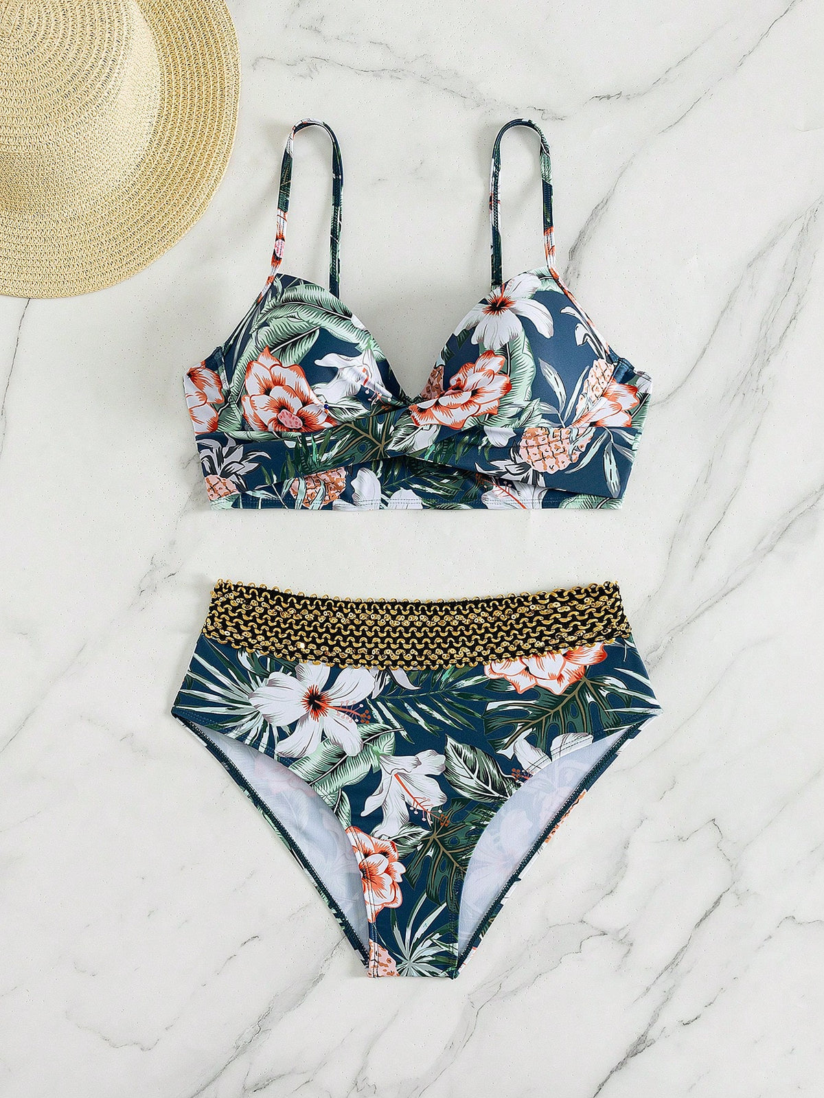 Swim Lushoire Women's Summer Beach Floral Print Halter Neck Tie Sexy Bikini And Triangle Bottoms Two-Piece Swimsuit Set